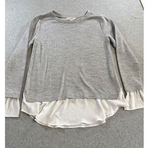 LOFT Mixed Media Top Women S Grey White Excellent Layered Ruffle Long Sleeve